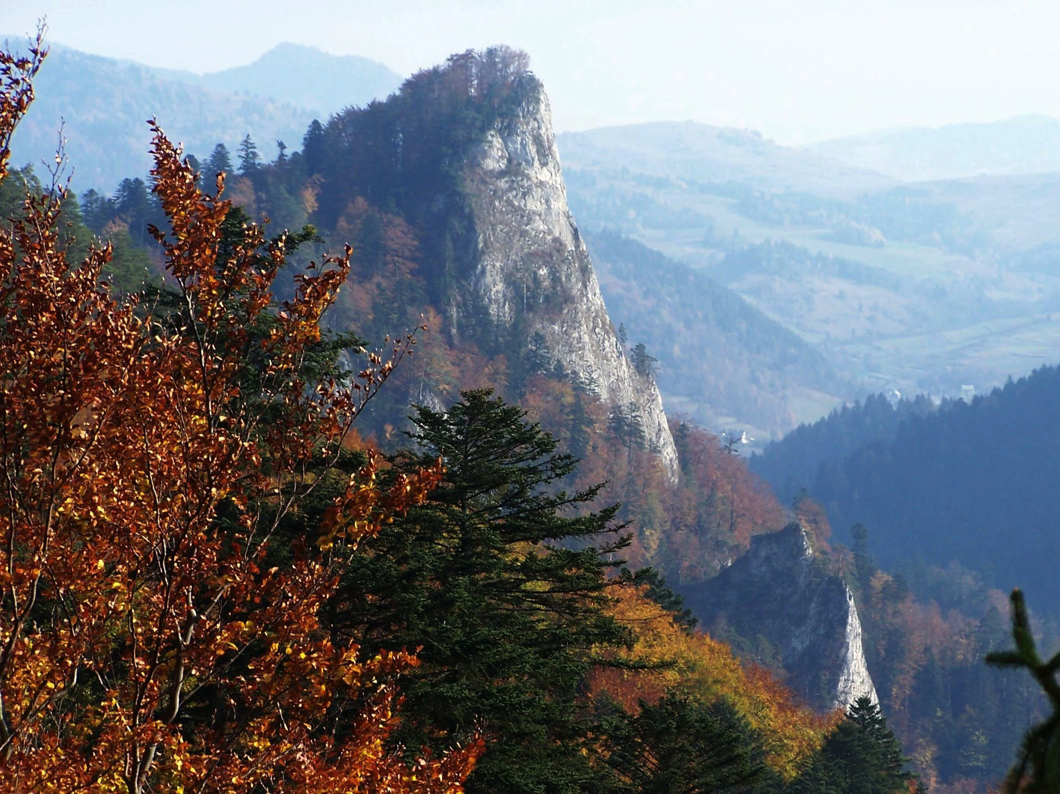 A mountain peak with steep rocky cliffs surrounded by autumn-colored trees and forested hills in the background