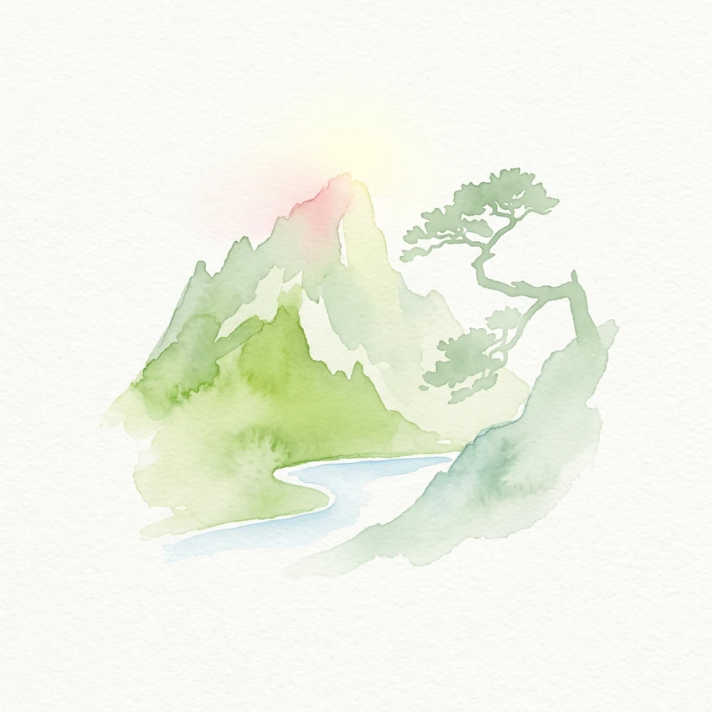 Watercolor painting of green mountains, a winding river, and a gnarled tree against a soft pink and yellow sky