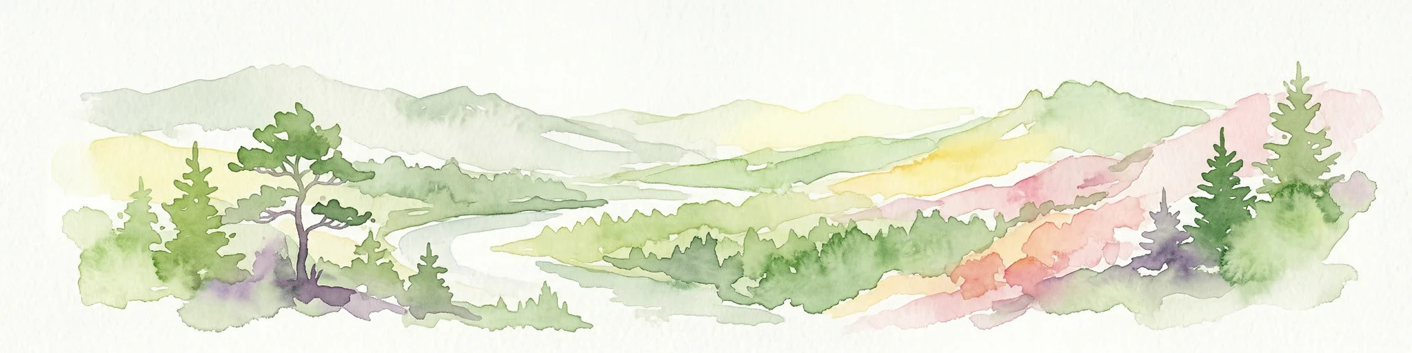 Ilustración en acuarela de un río que fluye a través de un valle boscoso con colinas onduladas y árboles dispersos