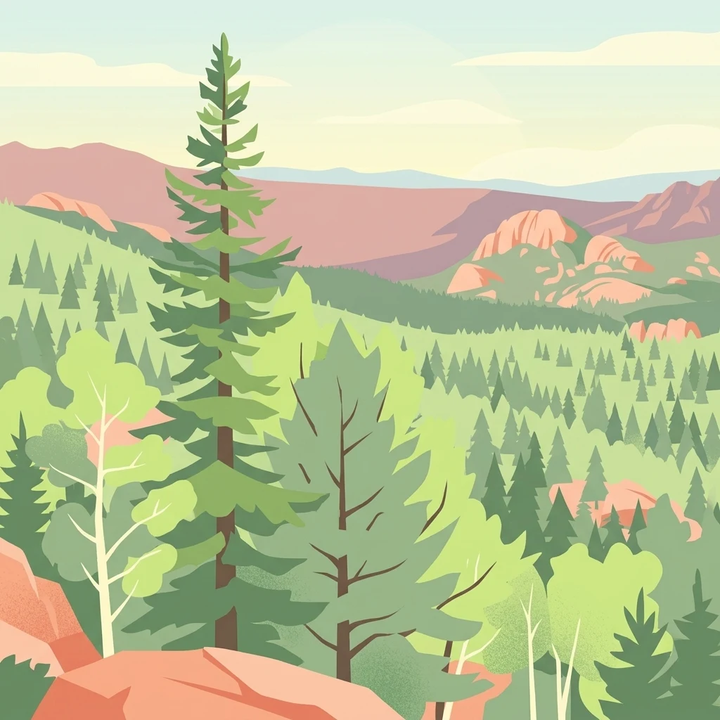 Una ilustración estilizada que muestra un bosque denso de hoja perenne con álamos temblones y un terreno rocoso y montañoso al fondo.