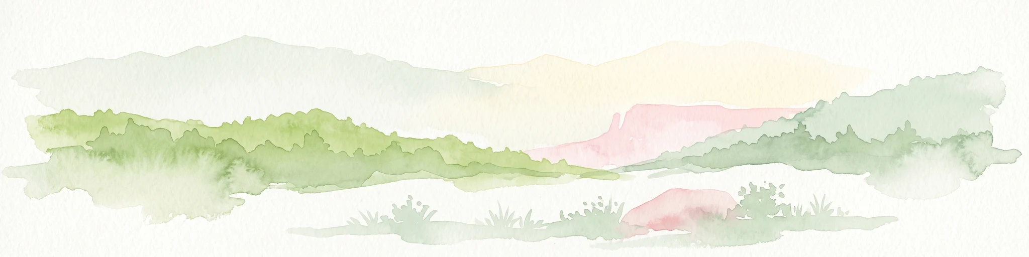 Una suave ilustración en acuarela que representa un paisaje simplificado y en capas de colinas onduladas y montañas lejanas en tonos de verde claro, amarillo pálido y rosa suave.