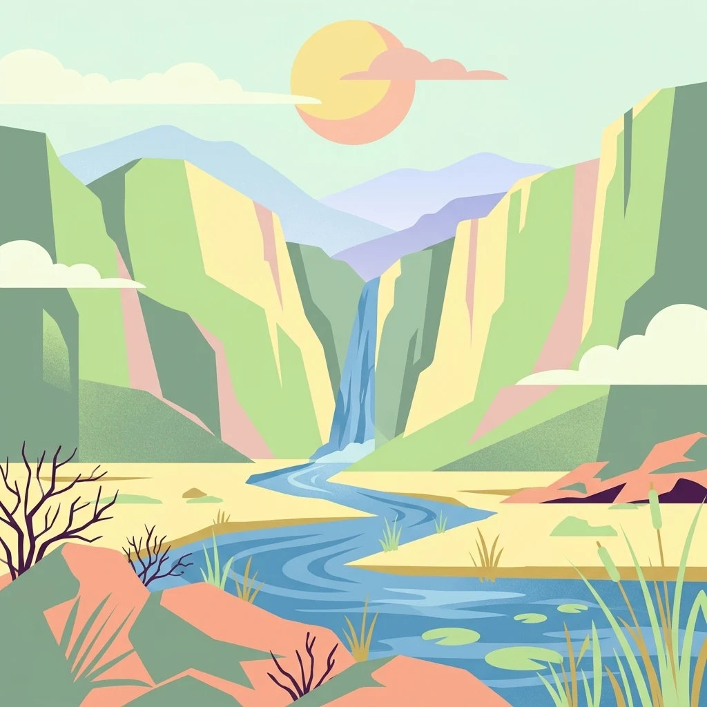 Digital vector-style illustration of a canyon landscape featuring high rock walls, a cascading waterfall in the distance, a meandering river in the foreground, and a sun in the sky.