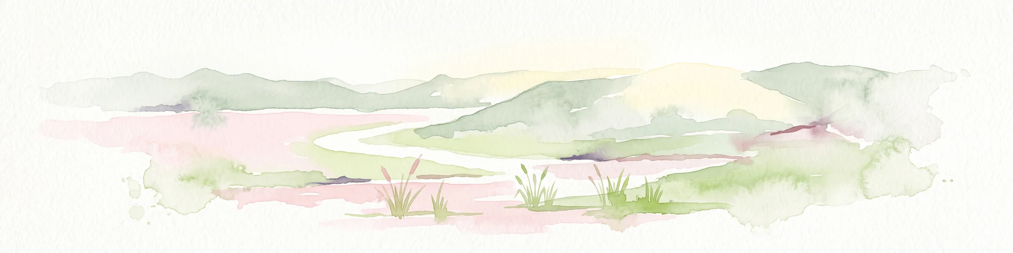 A pale, minimalist watercolor painting depicting rolling green hills in the distance with a winding dirt path leading through grassy plains in the foreground.
