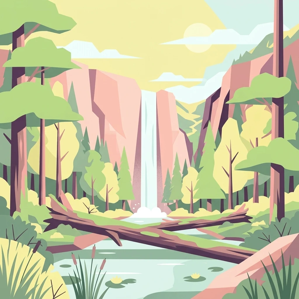Stylized vector illustration showing a waterfall flowing down a cliff into a stream with fallen logs in the foreground, surrounded by trees.