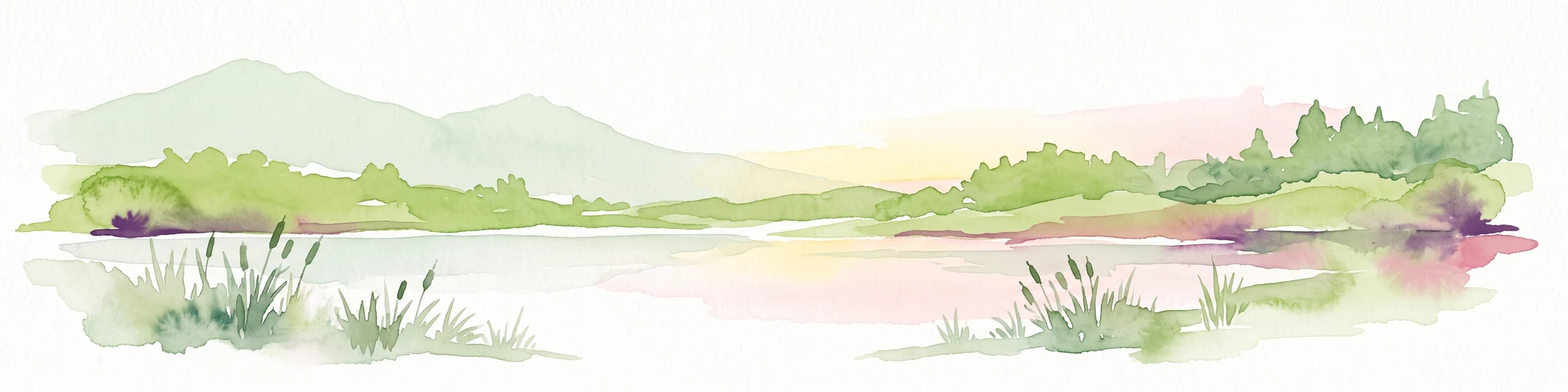 Watercolor painting of a calm pond with cattails in the foreground and rolling hills in the background.