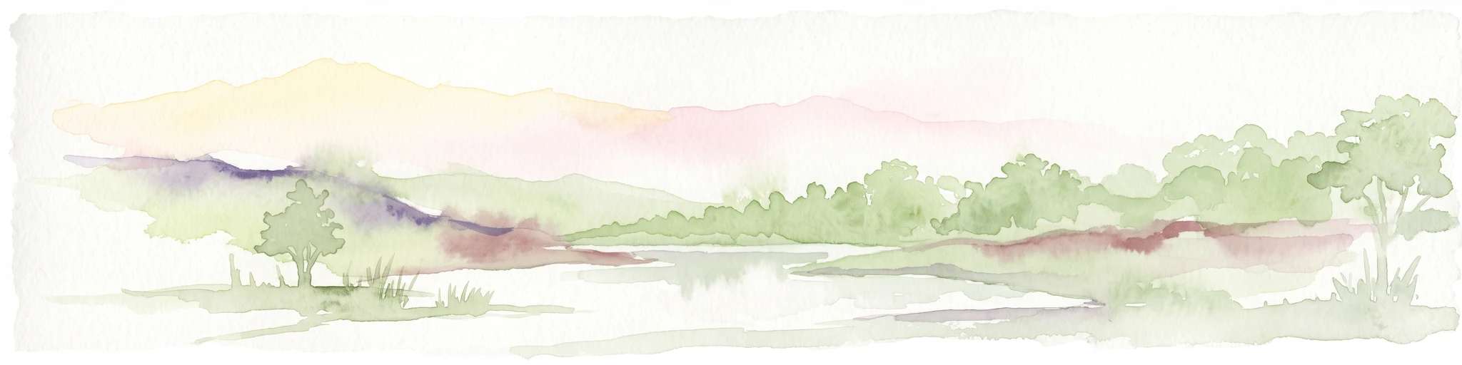 A pale, soft-toned watercolor illustration of a calm river landscape with rolling hills in the background and sparse trees along the banks.
