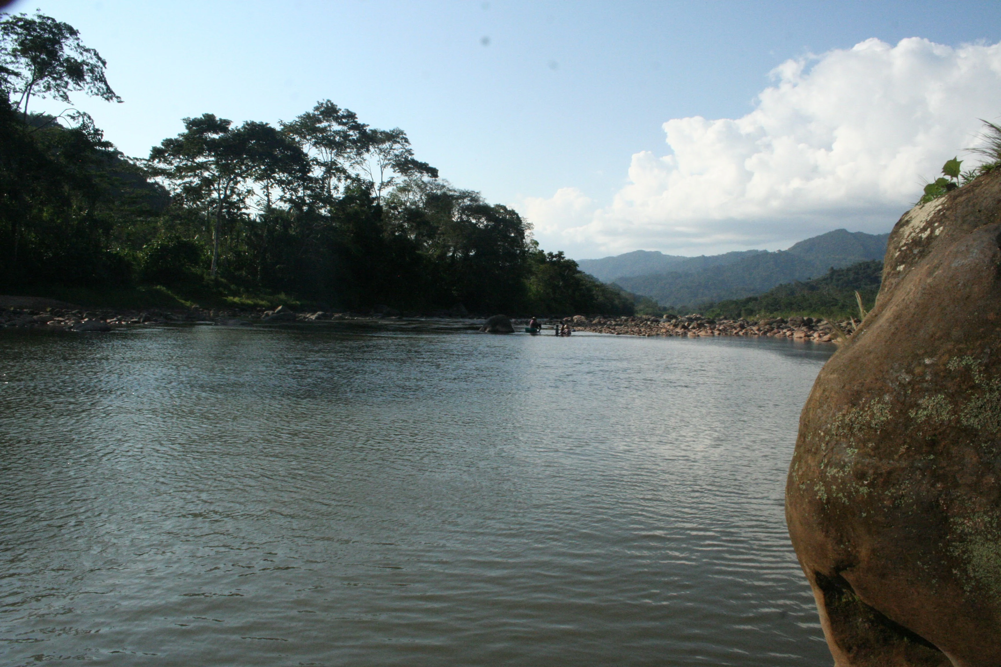 A wide view of a river with dark water flowing past a dense forest shoreline; in the background, rolling mountain silhouettes fade into the distance under a partly cloudy sky, with a large boulder visible in the foreground right.