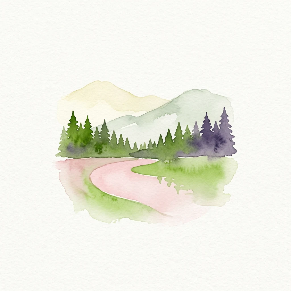 Watercolor painting showing a winding pink path through a green forest with mountains in the background