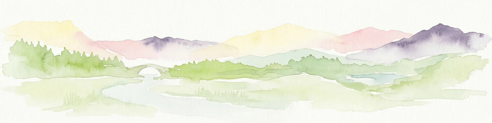 Ilustración acuarela de un paisaje montañoso con un río, bosques y colinas distantes