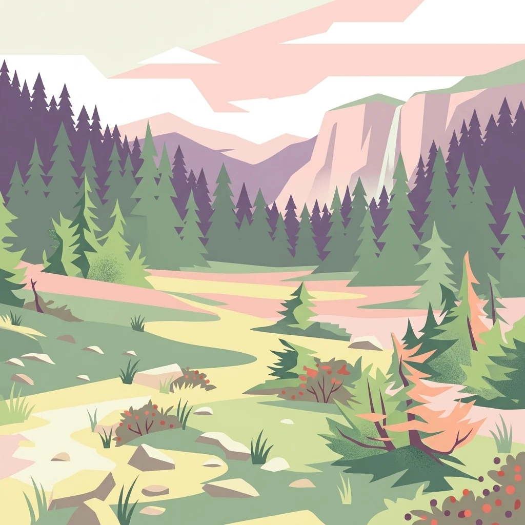 Una ilustración gráfica que muestra un valle de montaña con árboles coníferos, un sendero y picos montañosos lejanos en tonos pastel.
