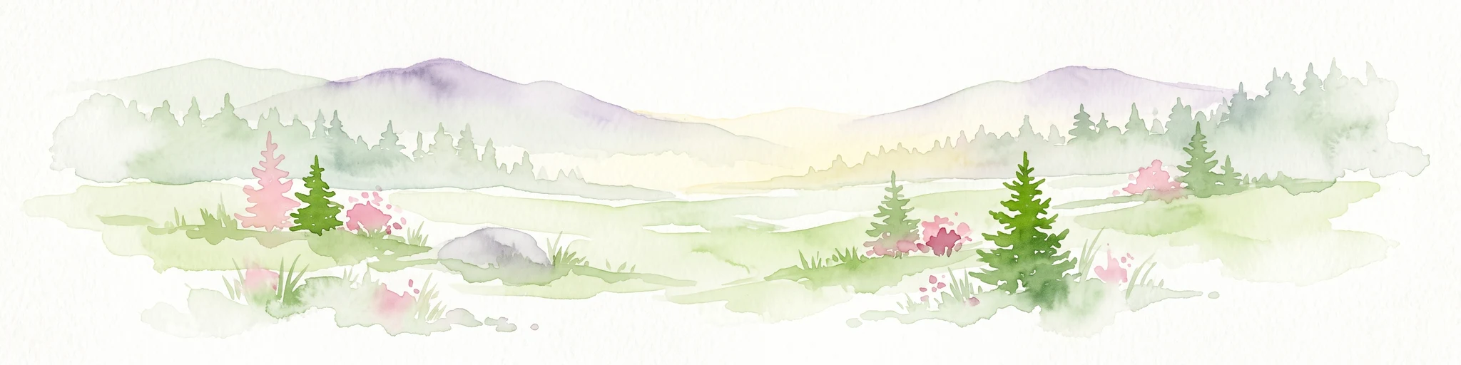 Una ilustración en acuarela de un paisaje montañoso con colinas suaves, árboles de hoja perenne y vegetación baja sobre un fondo blanco.