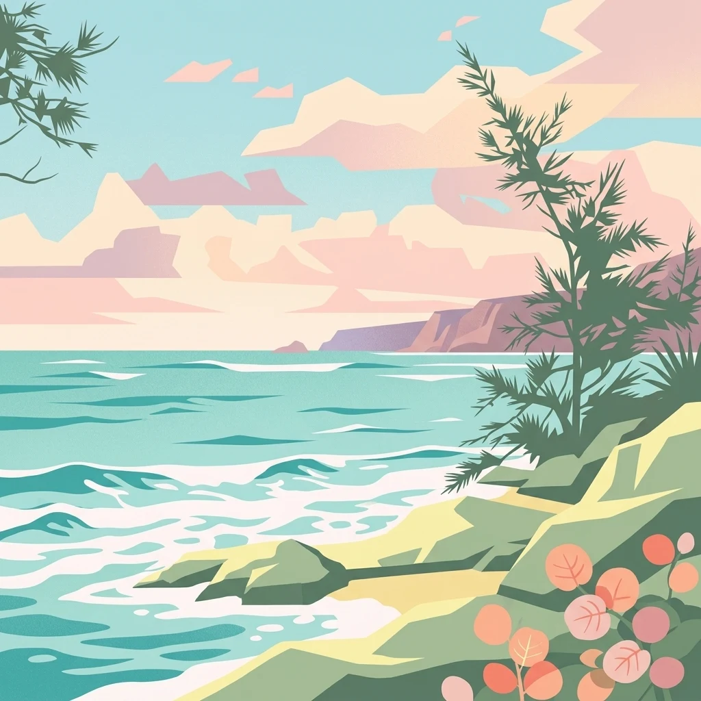 Una ilustración gráfica estilizada de una escena costera con olas de océano turquesa, una costa rocosa con vegetación verde y acantilados lejanos bajo un cielo de colores pastel.