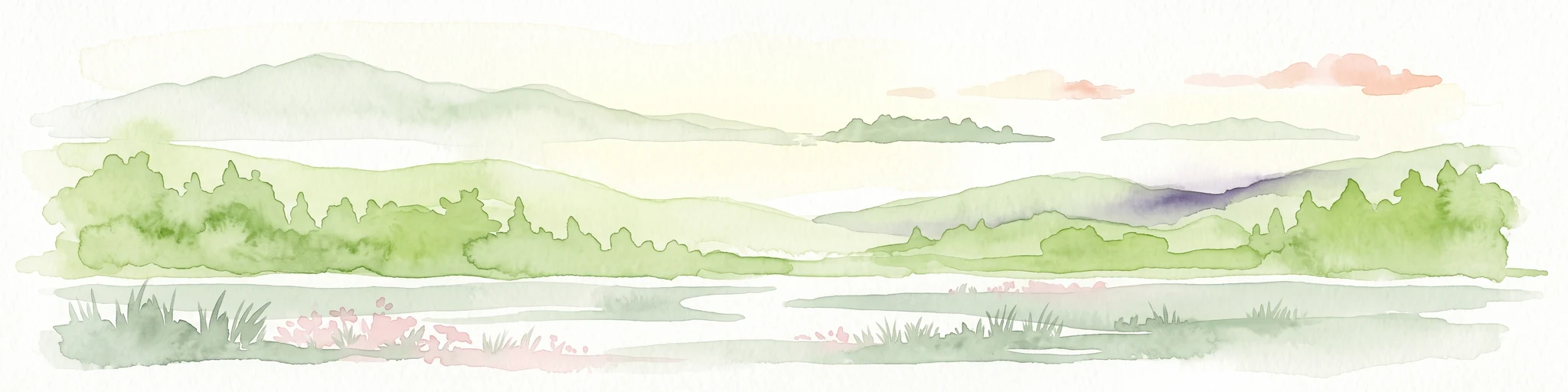 Watercolor painting of a coastal landscape with green hills, wetlands, and distant mountains in a soft palette.
