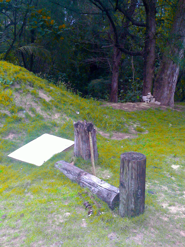 Un pequeño claro de bosque cubierto de hierba con un cartel rectangular blanco en el suelo, dos tocones de madera y un tronco horizontal, con un fondo de árboles.