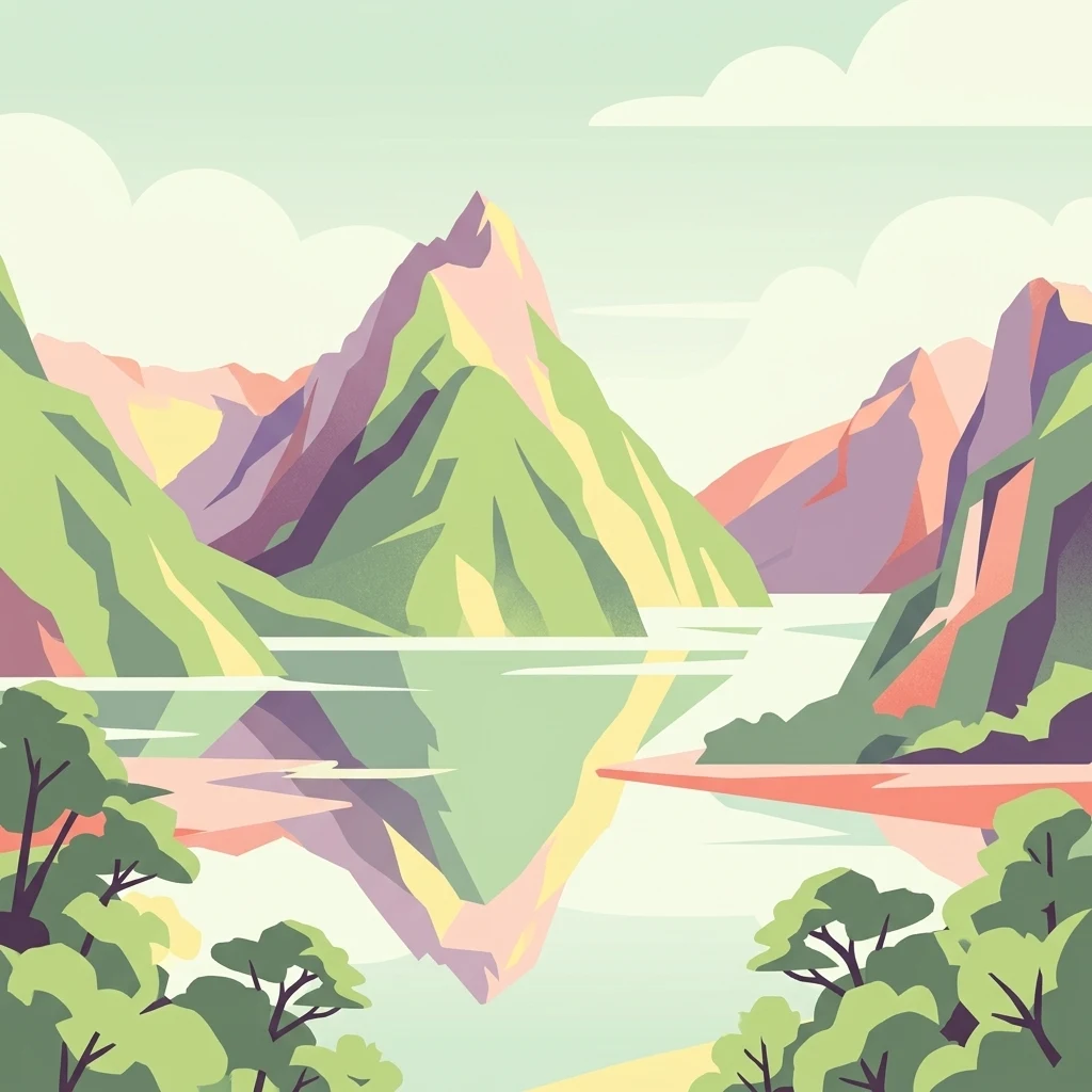 Una ilustración digital colorida que presenta montañas altas y escarpadas reflejándose en un agua tranquila y serena, con frondosos árboles verdes en primer plano.