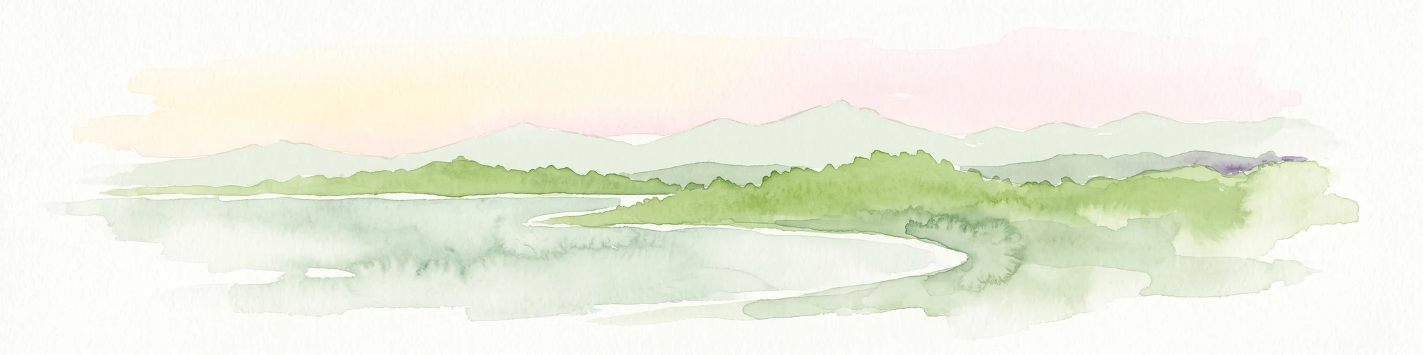 Una suave acuarela que representa una orilla tranquila con colinas onduladas al fondo bajo un cielo pálido.