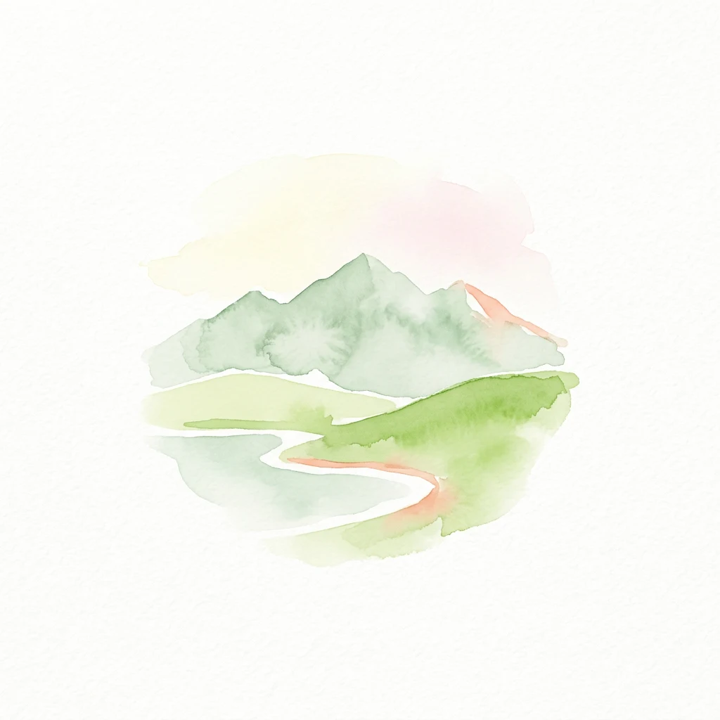 Ilustración de acuarela de montañas verdes con un camino sinuoso a través de un valle bajo un cielo suave de color rosa y amarillo