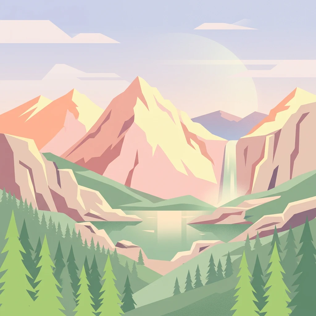Ilustración estilizada que muestra montañas, cascada, lago y paisaje forestal
