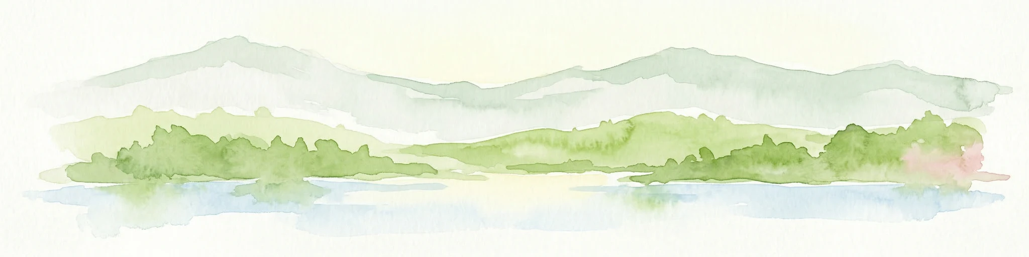 Ilustración acuarela de montañas verdes y un lago con árboles