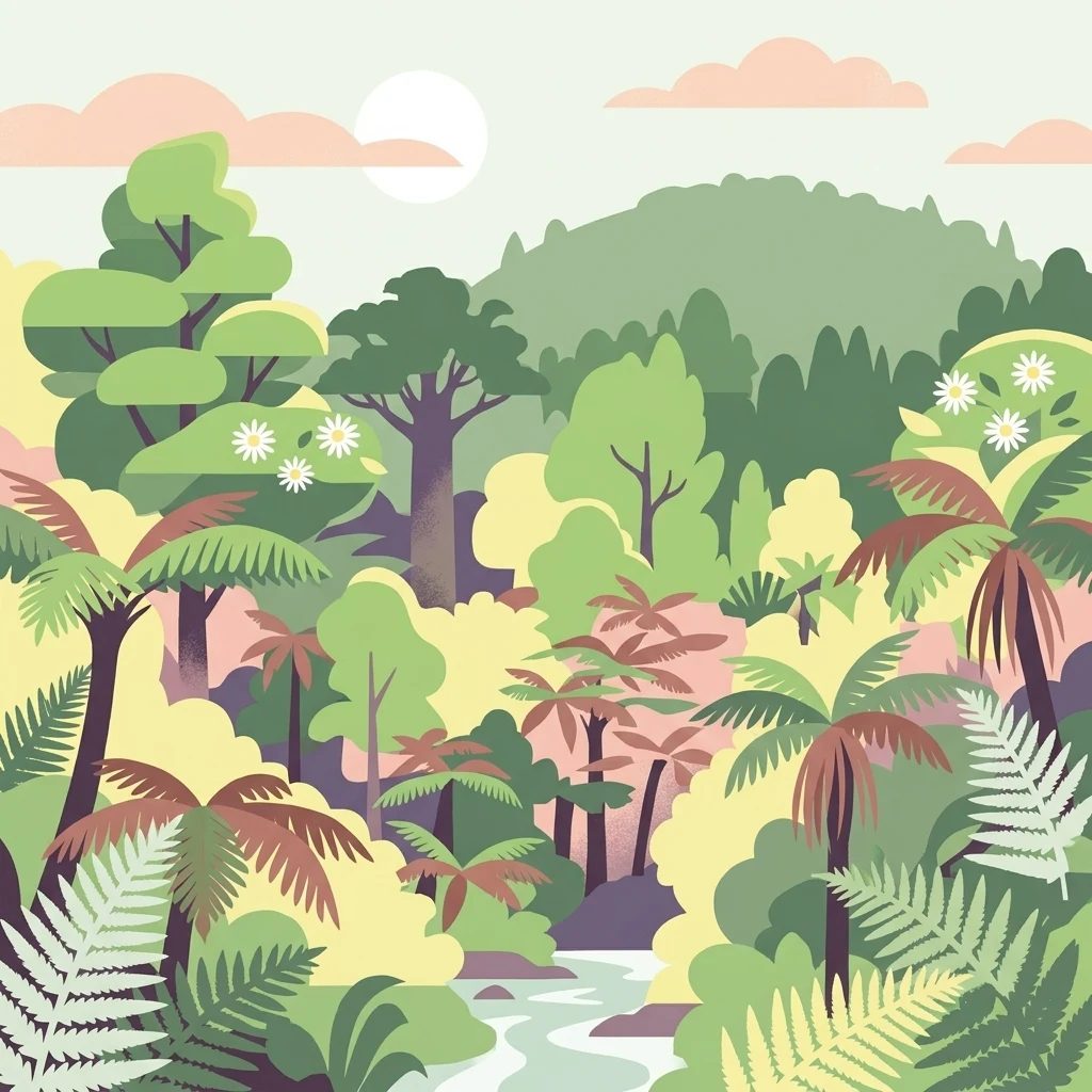 A colorful vector-style illustration depicting a dense forest scene with various trees, fern fronds, a winding stream, and a large hill in the background under a sky with clouds and a sun.