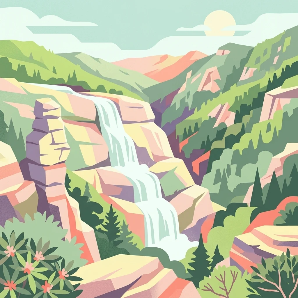 Una ilustración digital de una cascada de varios niveles que cae por acantilados rocosos en un valle de montaña, rodeada de árboles de hoja perenne y flora, bajo un sol brillante.