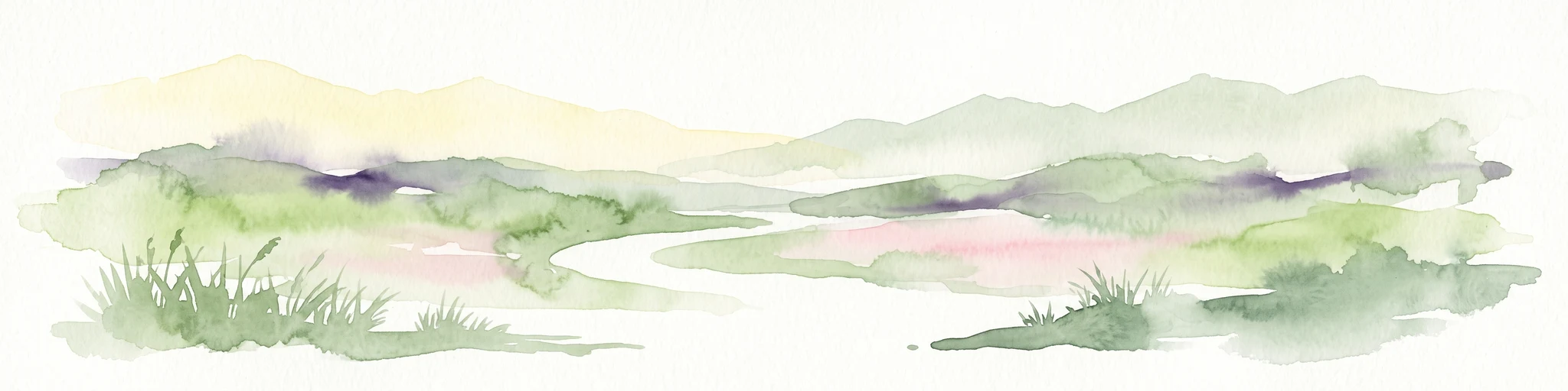 Watercolor painting of a winding trail through grassy hills with mountains in the background, using a soft pastel color palette of greens, purples, and yellows.