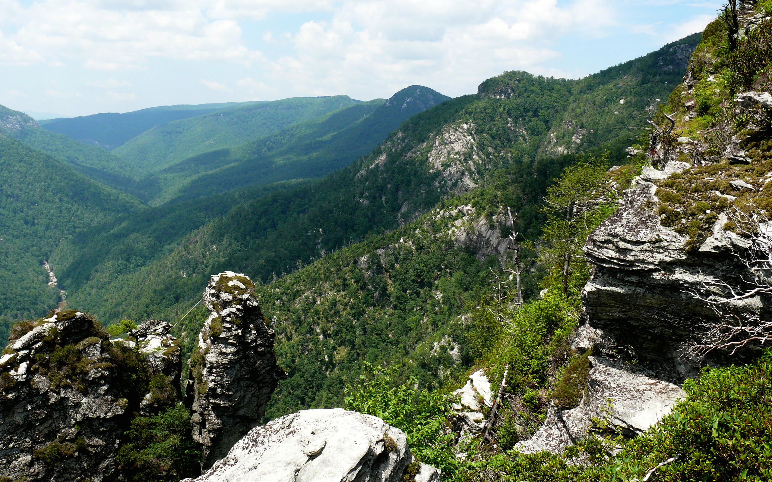A high-angle scenic view looking across Linville Gorge, featuring craggy rock formations in the foreground and forested mountain ridges stretching into the distance.