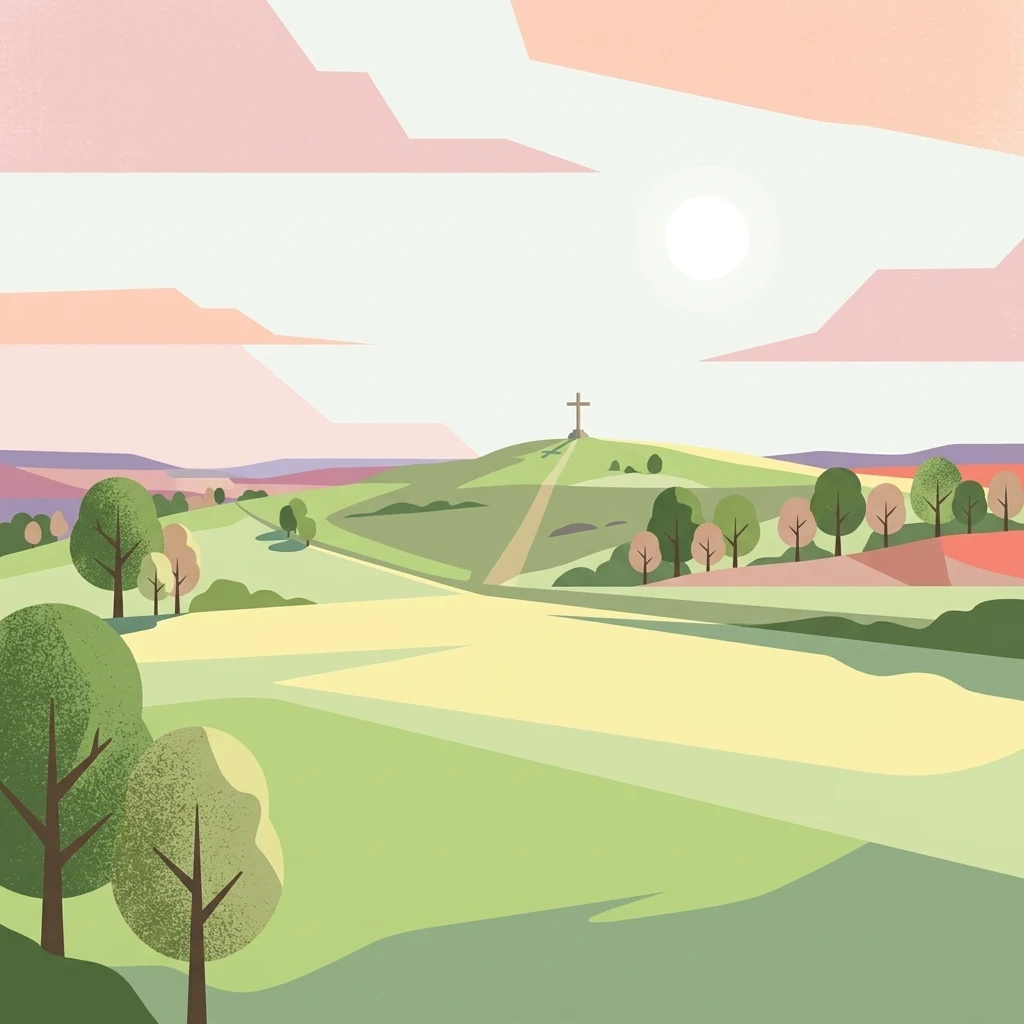 A stylized flat illustration of a grassy hill with a cross at the summit, surrounded by rolling green hills, scattered trees, and a pale sun in a soft sky.