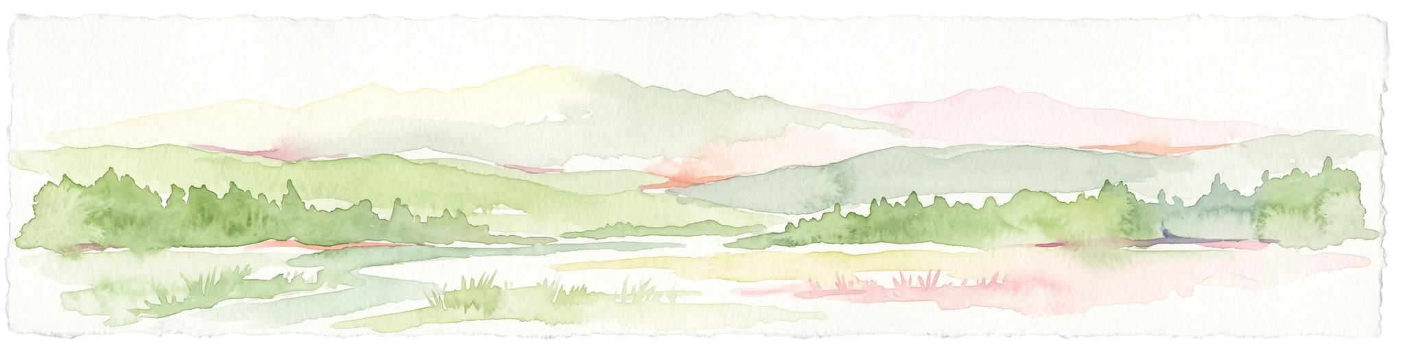 Watercolor painting of soft rolling hills, grassy meadows, and distant mountain ridges in muted green and pink tones.