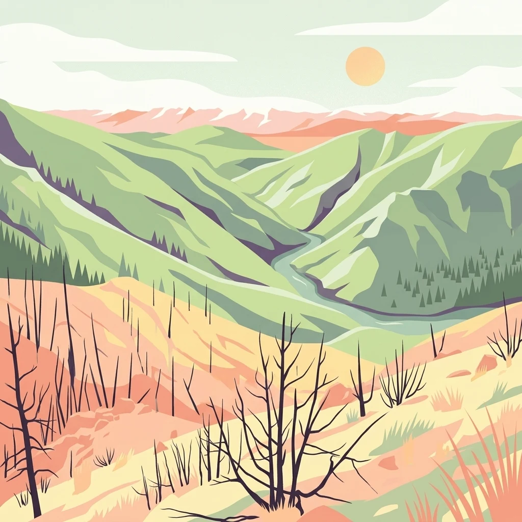 Una ilustración que muestra un paisaje con un río serpenteando entre colinas verdes, con un primer plano de árboles esqueléticos de aspecto quemado, terreno herbáceo anaranjado y un sol pálido en el cielo.