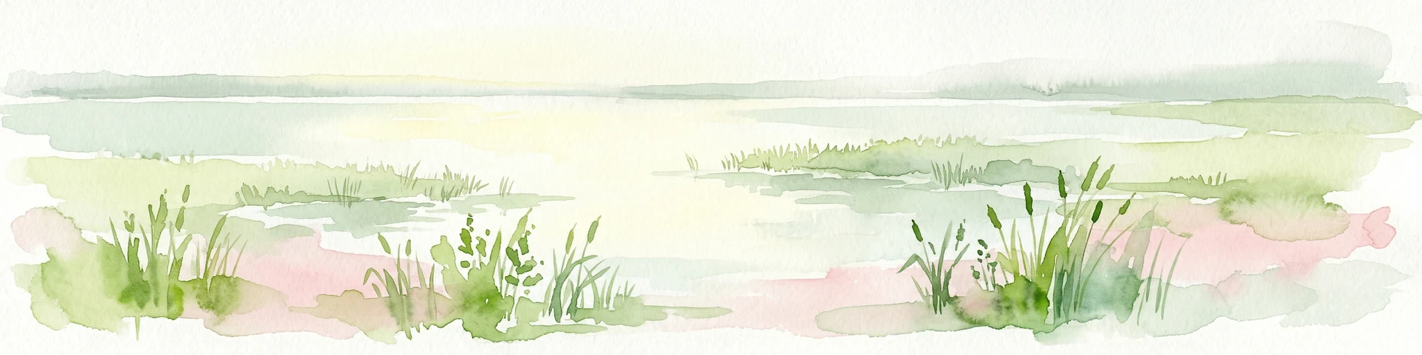 Pintura de acuarela que muestra un lago con pastos en primer plano y una orilla distante