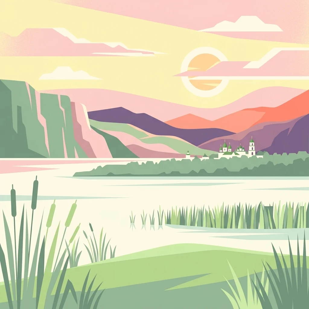 A flat-style digital illustration of a calm lake with reeds in the foreground, rolling hills in the background, a sun hanging low in the sky, and a small town with a church complex near the shoreline.