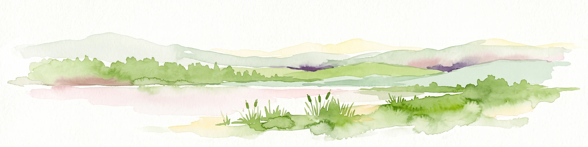 Una pintura horizontal en acuarela que representa un lago tranquilo con orillas cubiertas de hierba y suaves colinas onduladas al fondo.