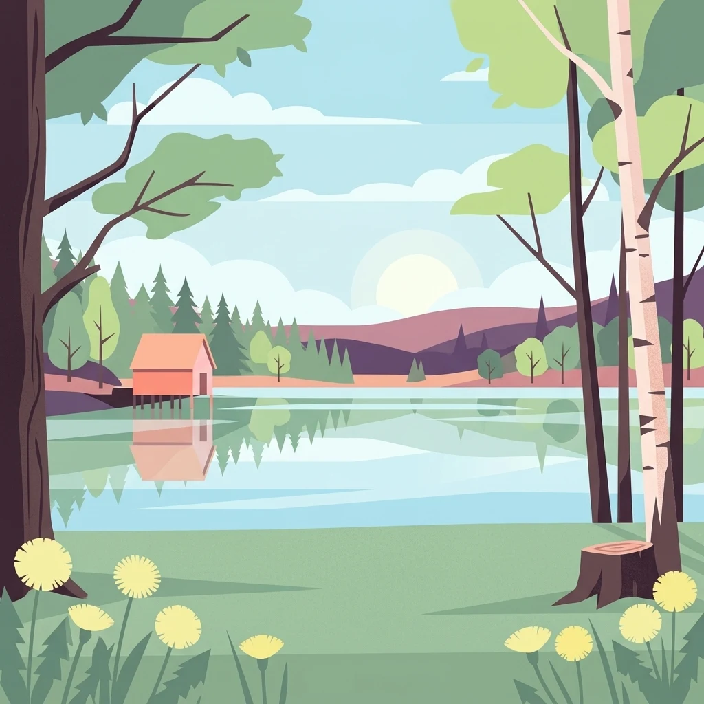 A flat-style digital illustration showing a calm pond with a small stilted cabin on the far shore, framed by foreground trees and dandelions in a meadow.