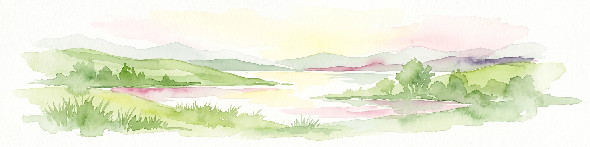Una pintura horizontal en acuarela que muestra un paisaje suave y estilizado de colinas verdes onduladas, laderas suaves y una masa de agua tranquila contra un cielo pastel claro.