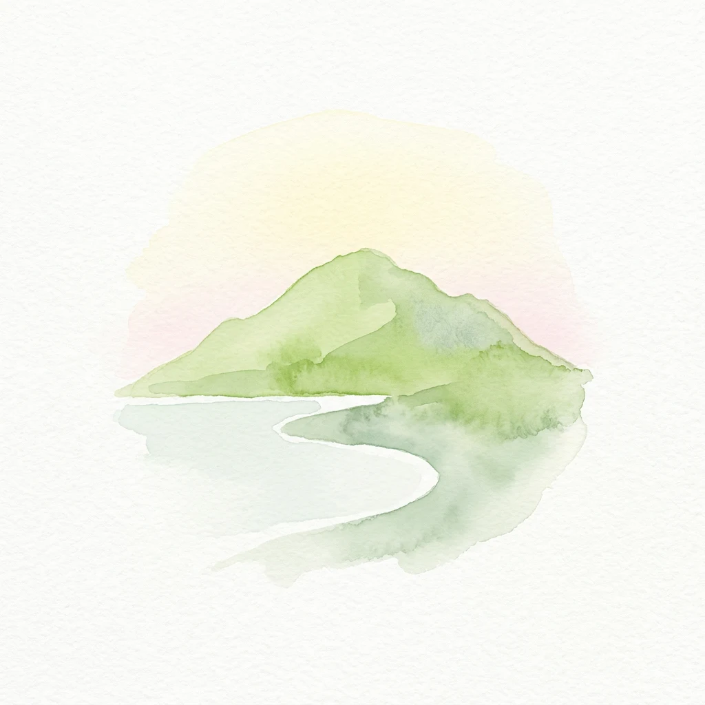 Watercolor painting of a green mountain with a winding river and a soft pink-yellow sky