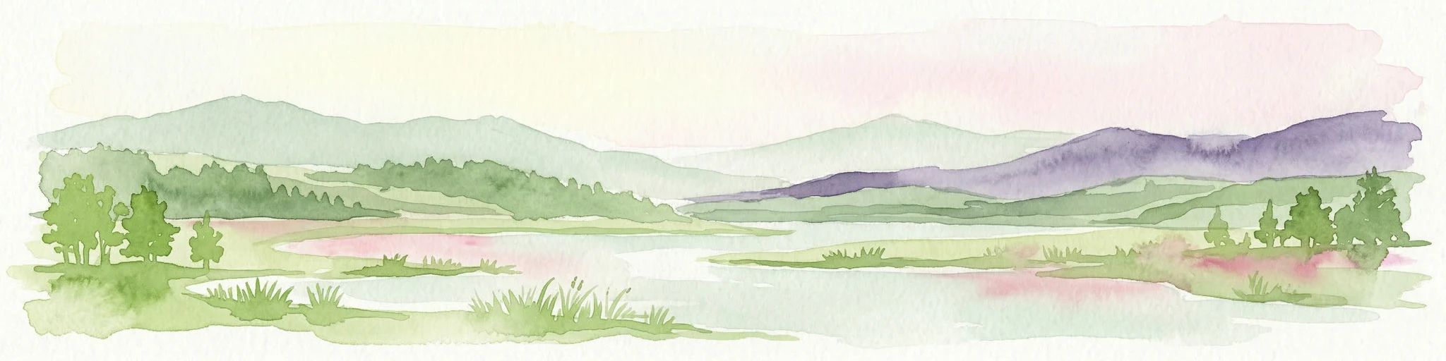 Pintura en acuarela de un río, colinas y árboles en un paisaje natural.