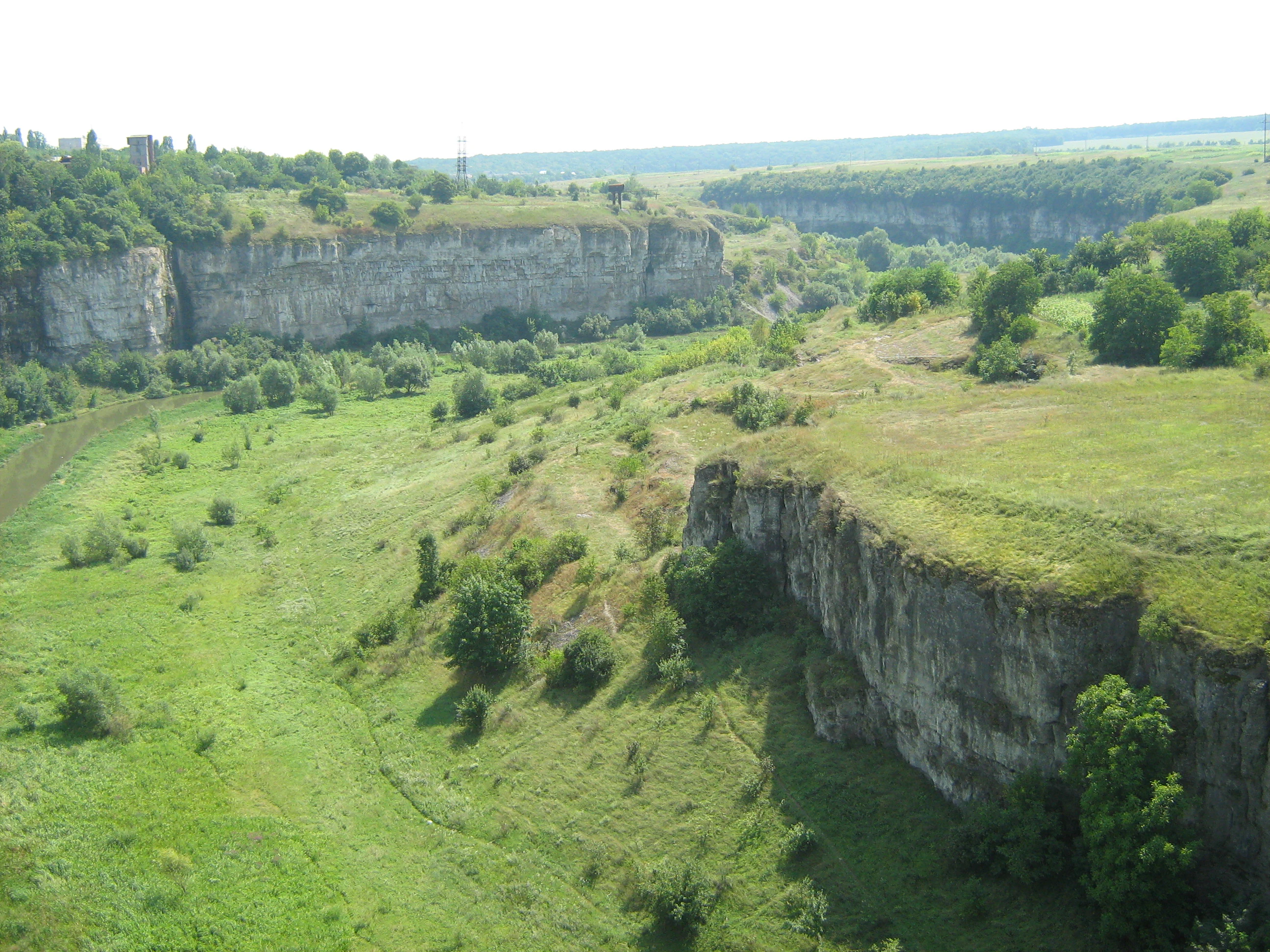 A wide view of Smotrych Canyon with steep rocky cliffs, green grassy terrain, and scattered trees under a clear sky