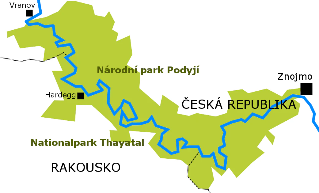 Map of Podyjí National Park in the Czech Republic with labeled locations including Vranov, Hardegg, Znojmo, and Rakousko, highlighting the river course and adjacent areas