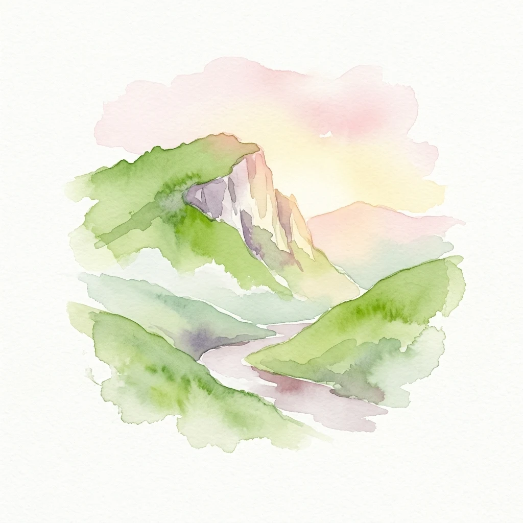 Watercolor painting of green hills, a winding river, and a rocky cliff under a pink and yellow sky