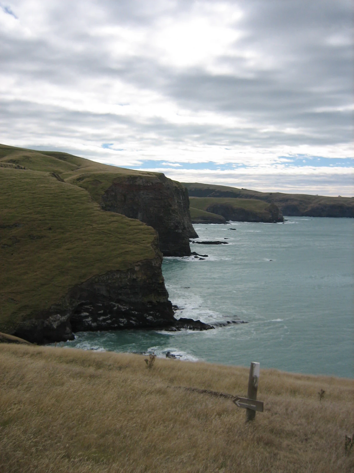 A coastal landscape view featuring steep, grass-covered cliffs dropping into the ocean under a cloudy sky, with a small trail marker post in the foreground.