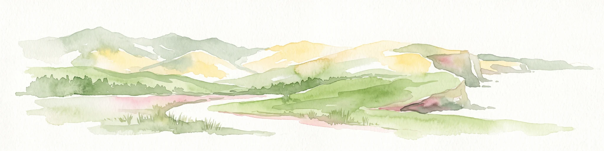 Una ilustración en acuarela de un paisaje costero verde y ondulado con colinas y acantilados que se encuentran con el mar, representado en suaves tonos pastel sobre un fondo blanco.