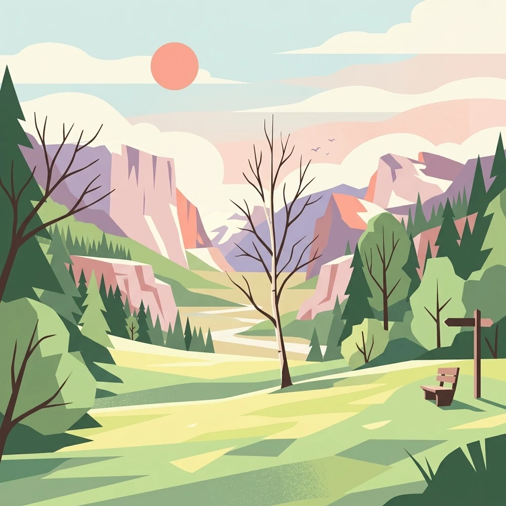 An artistic, flat-style illustration of a valley landscape at sunset. In the foreground, there is a grassy meadow, a bare tree, and a wooden bench next to a trail sign. In the midground, a stream winds through the valley between forested slopes. In the background, large rocky mountains rise under a pastel sky with a visible sun.