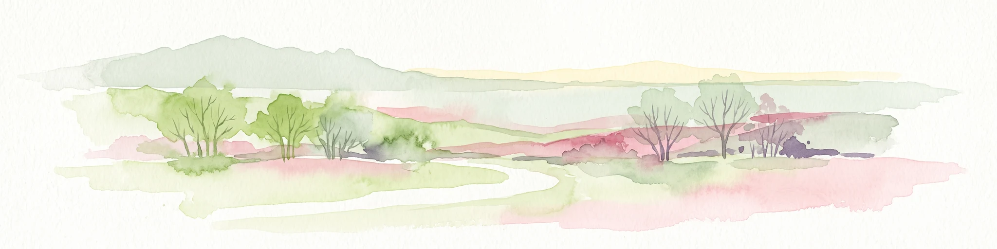 Watercolor painting of a gentle green valley with scattered trees and a winding path, featuring soft pastel tones.
