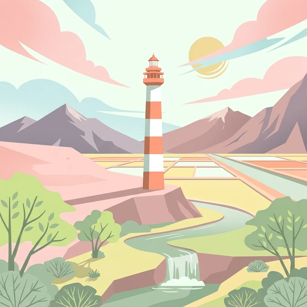Una ilustración que muestra un faro de rayas rojas y blancas de pie sobre un acantilado cerca de un pequeño río y una cascada, con montañas al fondo bajo un cielo pálido.