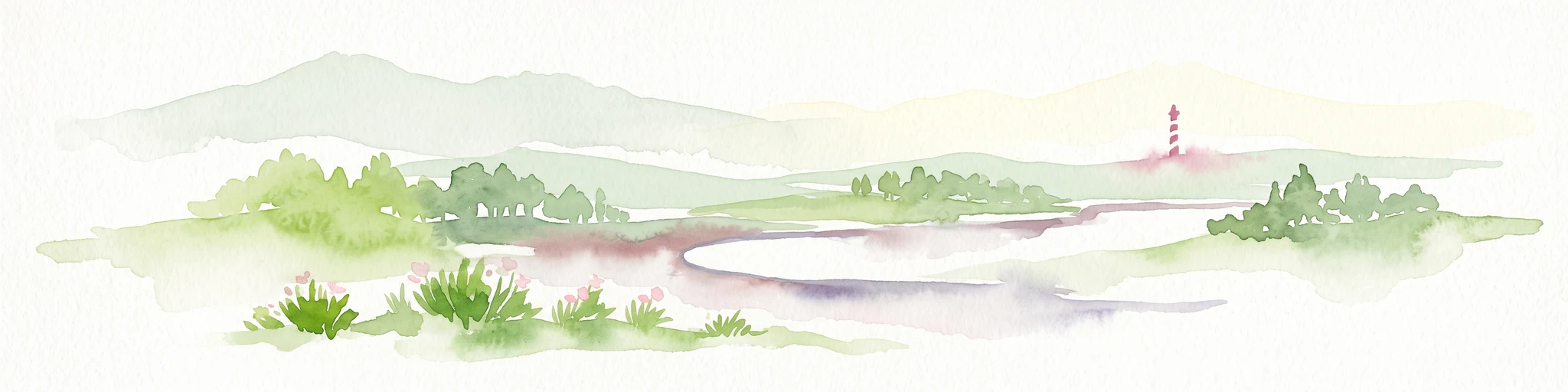 Watercolor painting depicting a serene coastal landscape with low green hills, a small body of water in the foreground, and a distant lighthouse on the horizon.