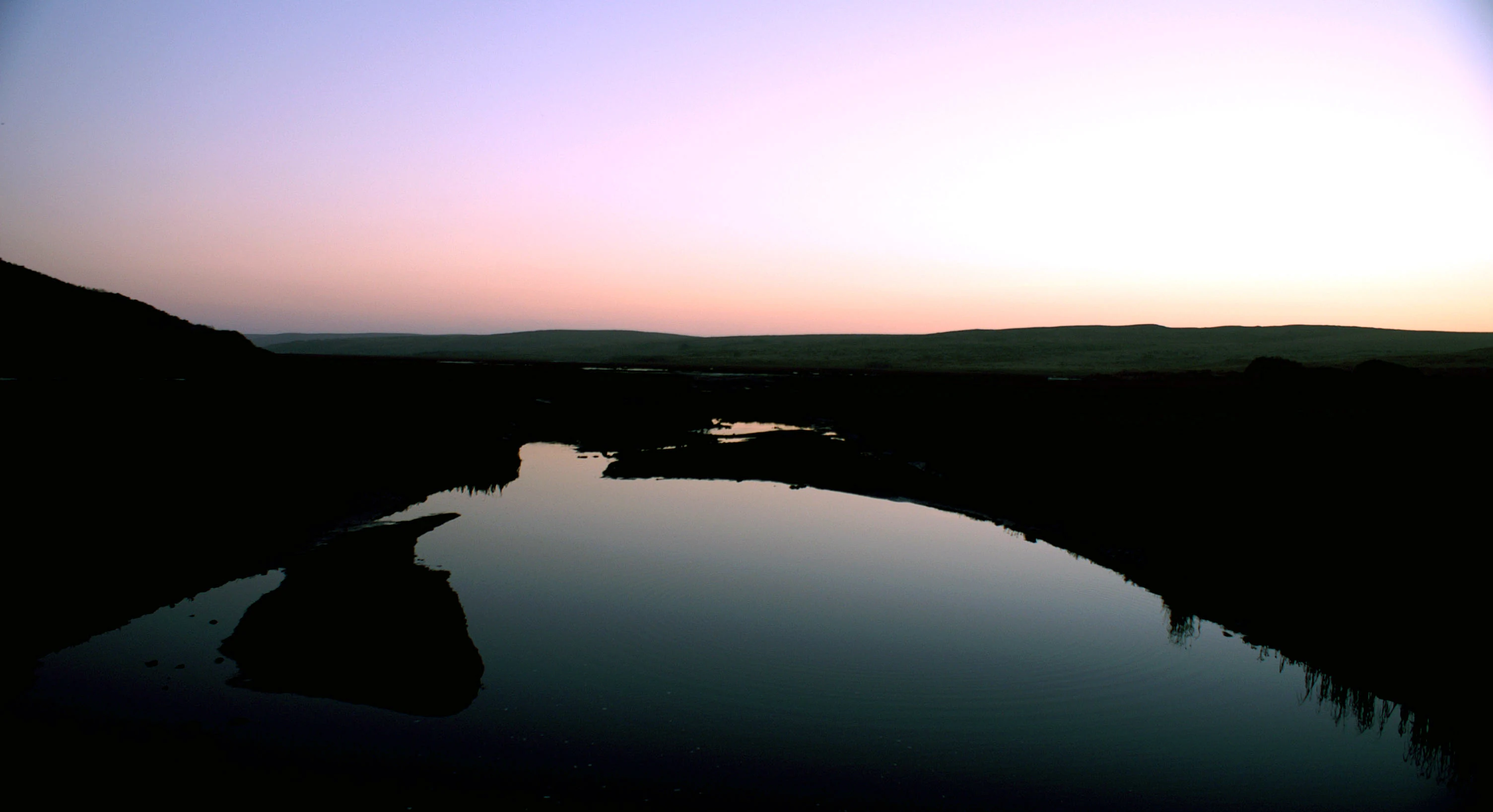 A silhouette of marshland and a body of water under a soft purple and orange dusk sky.