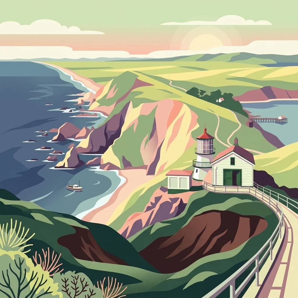 A digital illustration of a lighthouse on a cliff overlooking the ocean with a small boat in the water, rolling green hills, and a sunset in the background.