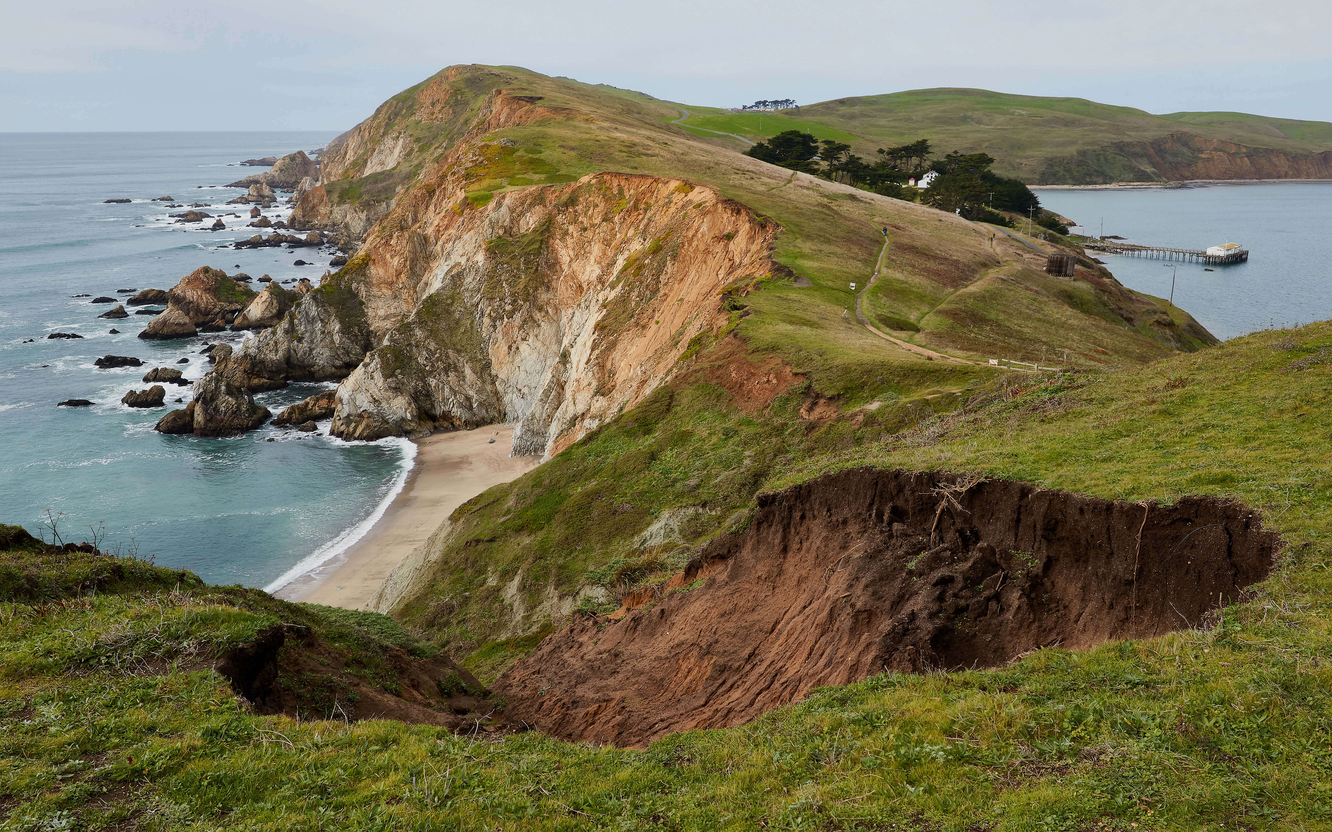 Coastal view from a grassy ridge looking out over rugged cliffs, a small sandy beach, and the ocean, with a distant pier visible in the bay.