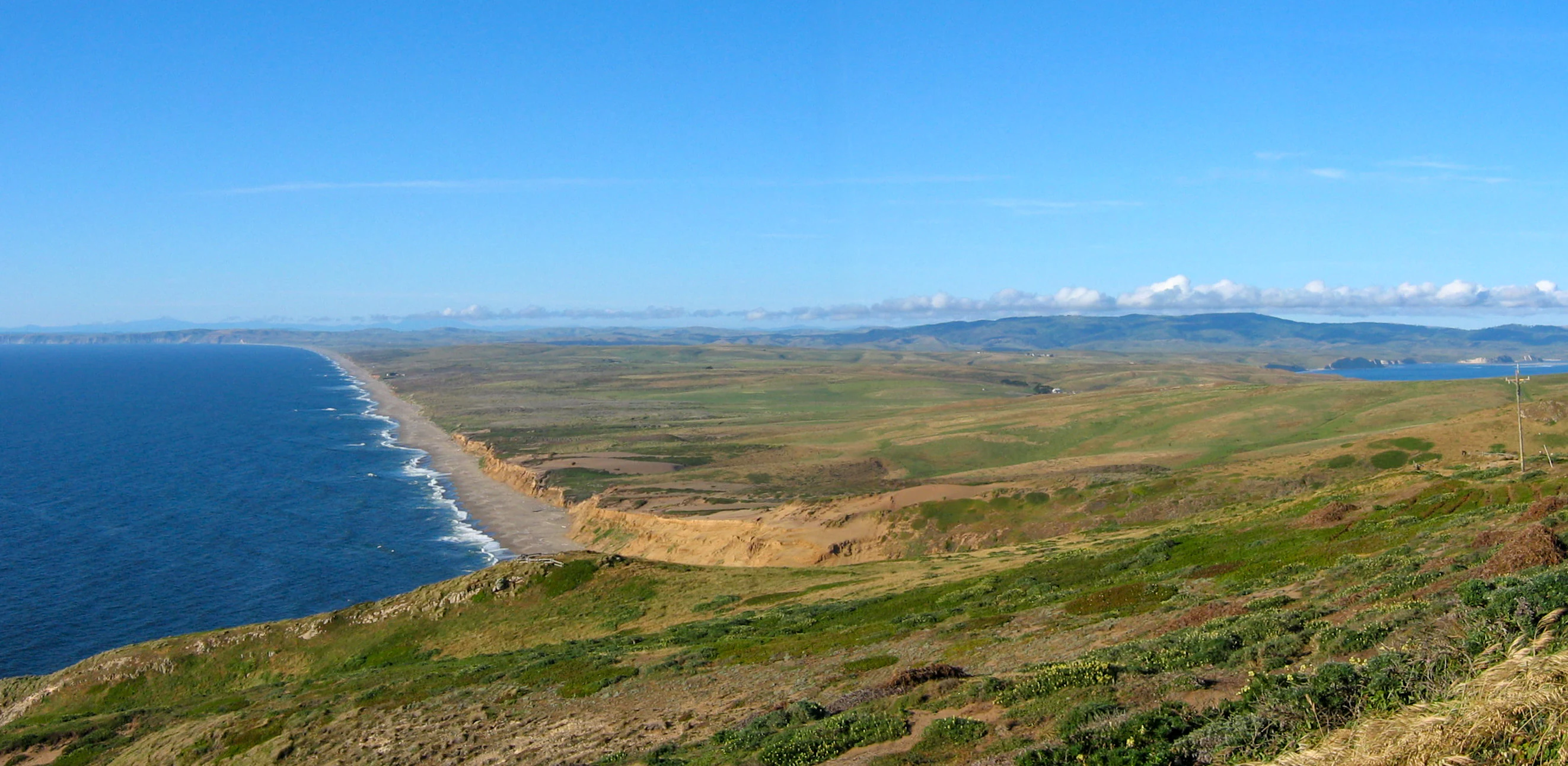 A high angle panoramic view of the Point Reyes coastline showing rolling grassy hills meeting steep cliffs above a sandy beach and the Pacific Ocean.